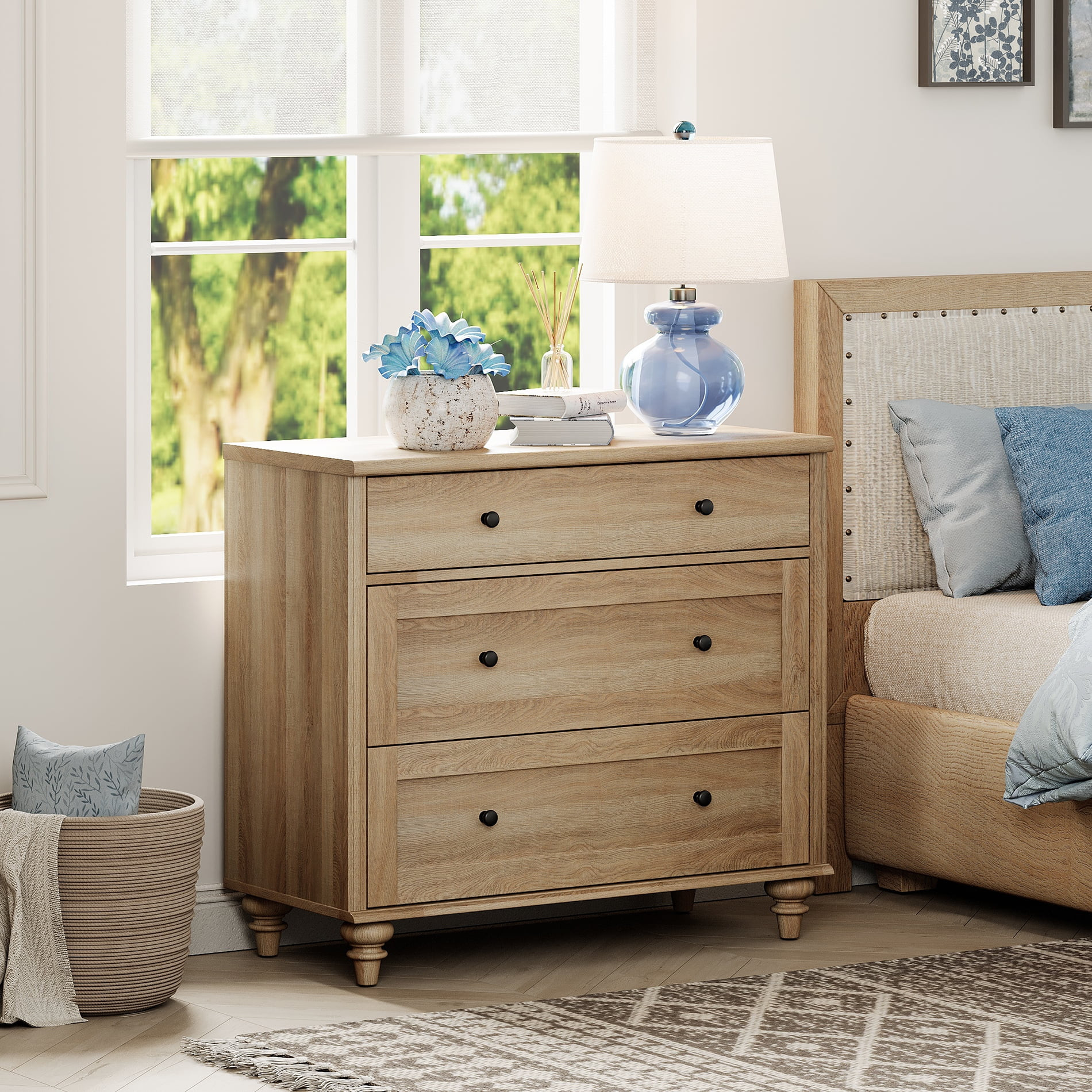 WAMPAT Farmhouse Nightstand, 3-Drawer Wood Bedside Table, Wide Sofa Side Table for Bedroom, Livin... | Walmart (CA)