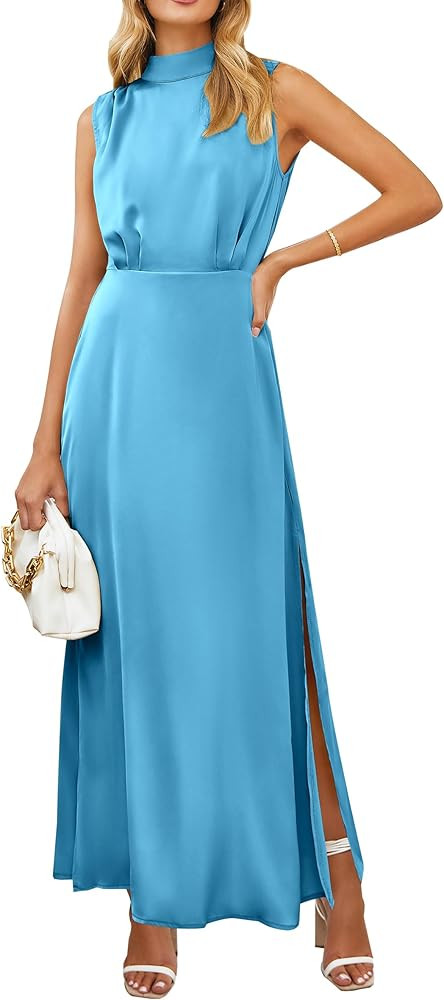 PRETTYGARDEN Women's Long Formal Satin Dress Mock Neck Sleeveless Side Slit Flowy Maxi Tank Dress... | Amazon (US)