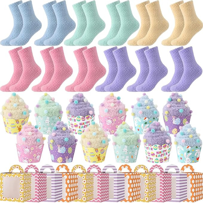 Foaincore 12 Pair Easter Cupcake Sock for Women Pastel Fuzzy Sock Bulk Plush Fluffy Cozy Slipper ... | Amazon (US)