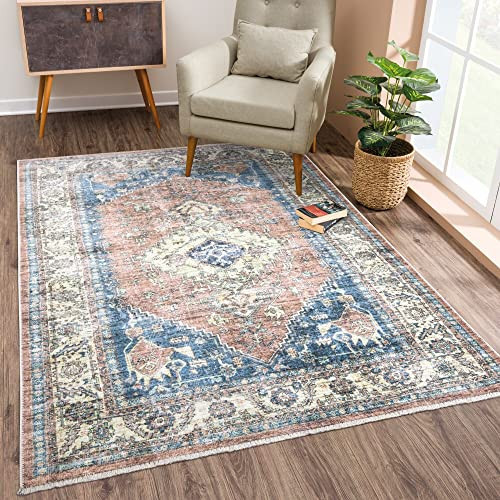 Bloom Rugs Caria Washable Non-Slip 3x5 Rug - Coral Pink/Ocean Blue Traditional Area Rug for Living Room, Bedroom, Dining Room, and Kitchen - Exact Size: 3' x 5' | Amazon (US)