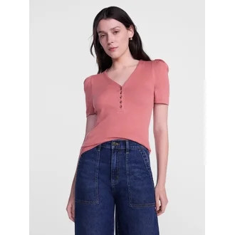 Scenario Women's V-Neck Henley Top with Short Puff Sleeves, Sizes XS-XXXL | Walmart (US)