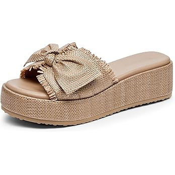 Coutgo Womens Platform Wedge Sandals Bow Open Toe Slide Sandals Straw Slip On Summer Beach Shoes | Amazon (US)
