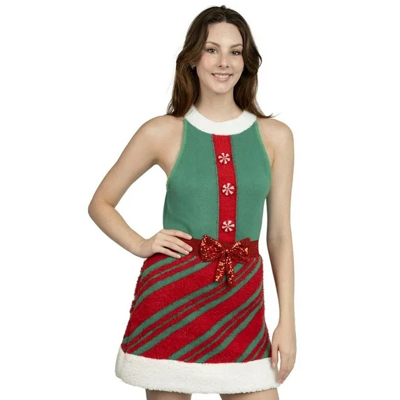 Jollidays Women's Peppermint Buttons & Bow Ugly Christmas Sweater Dress - Walmart.com | Walmart (US)