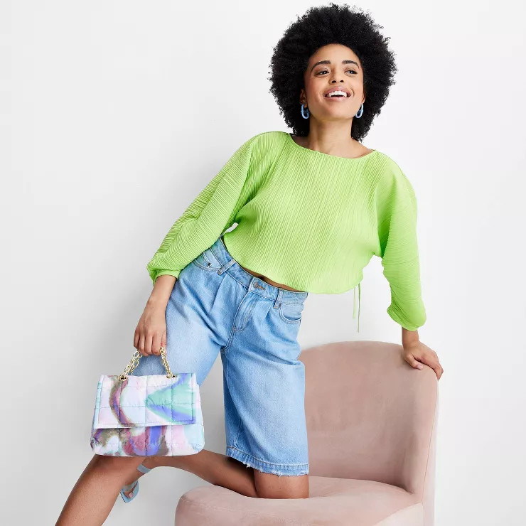 Women's Long Croissant Sleeve Plisse Crop Top - Future Collective™ with Gabriella Karefa-Johnso... | Target