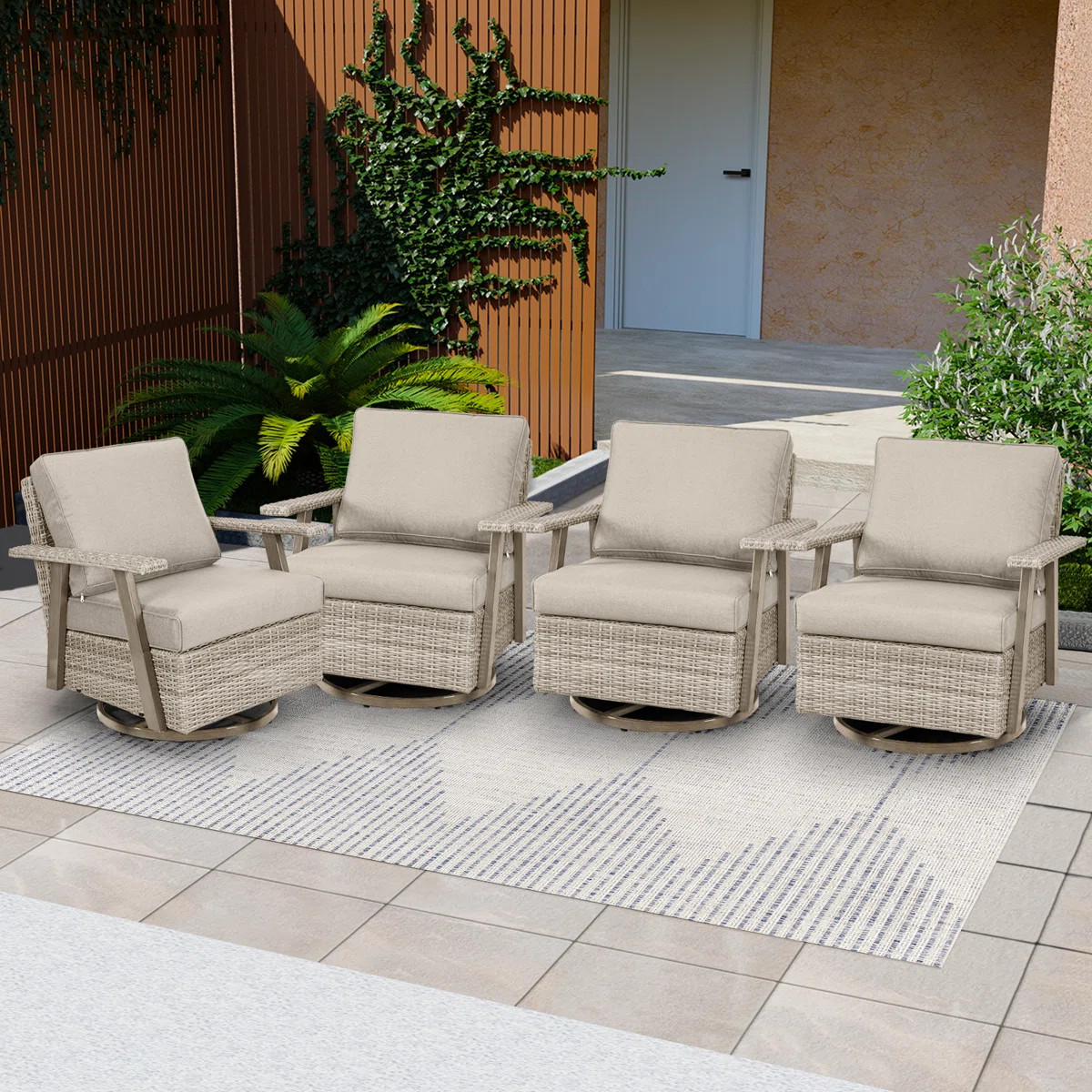 4-Piece Outdoor Patio Wicker Swivel Glide Rocker Chair With Cushions, All-Weather Rattan for Porc... | Wayfair North America