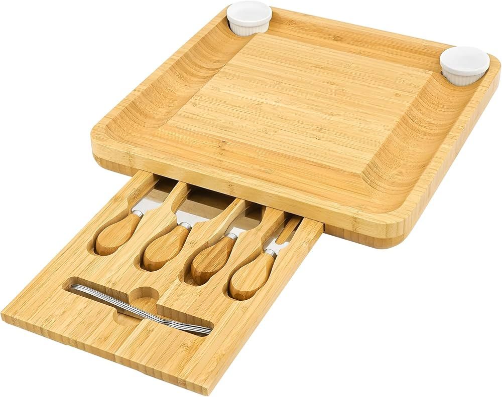 VaeFae Cheese Board and Knife Set, Bamboo Charcuterie Board with Magnetic Slide-Out Drawer and 2 ... | Amazon (US)