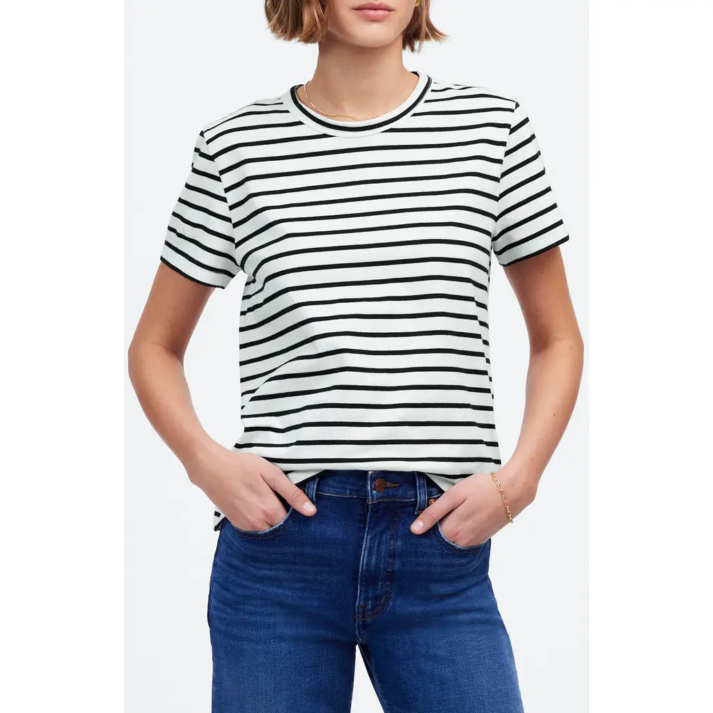 Madewell Perfect Stripe Cotton Crewneck T-Shirt in Black & White Stripe at Nordstrom, Size Xx-Small | Nordstrom