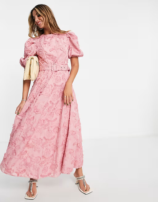 ASOS DESIGN belted midi skater dress in textured jacquard pink  | ASOS | ASOS (Global)