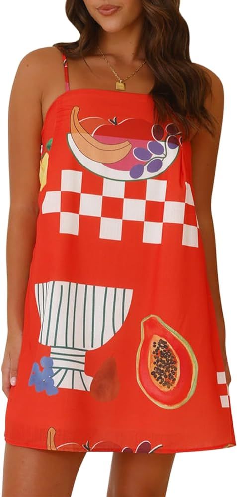 Women Graphic Mini Cami Dress Spaghetti Strap Floral Boho Short Dress Flowy Sundress Summer Holid... | Amazon (US)
