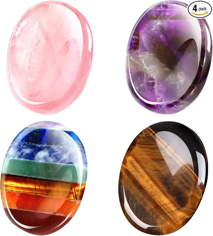 Roowest 4 Pcs Thumb Worry Stone for Anxiety Natural Crystal Healing Stone Chakras Amethyst Tiger ... | Amazon (US)