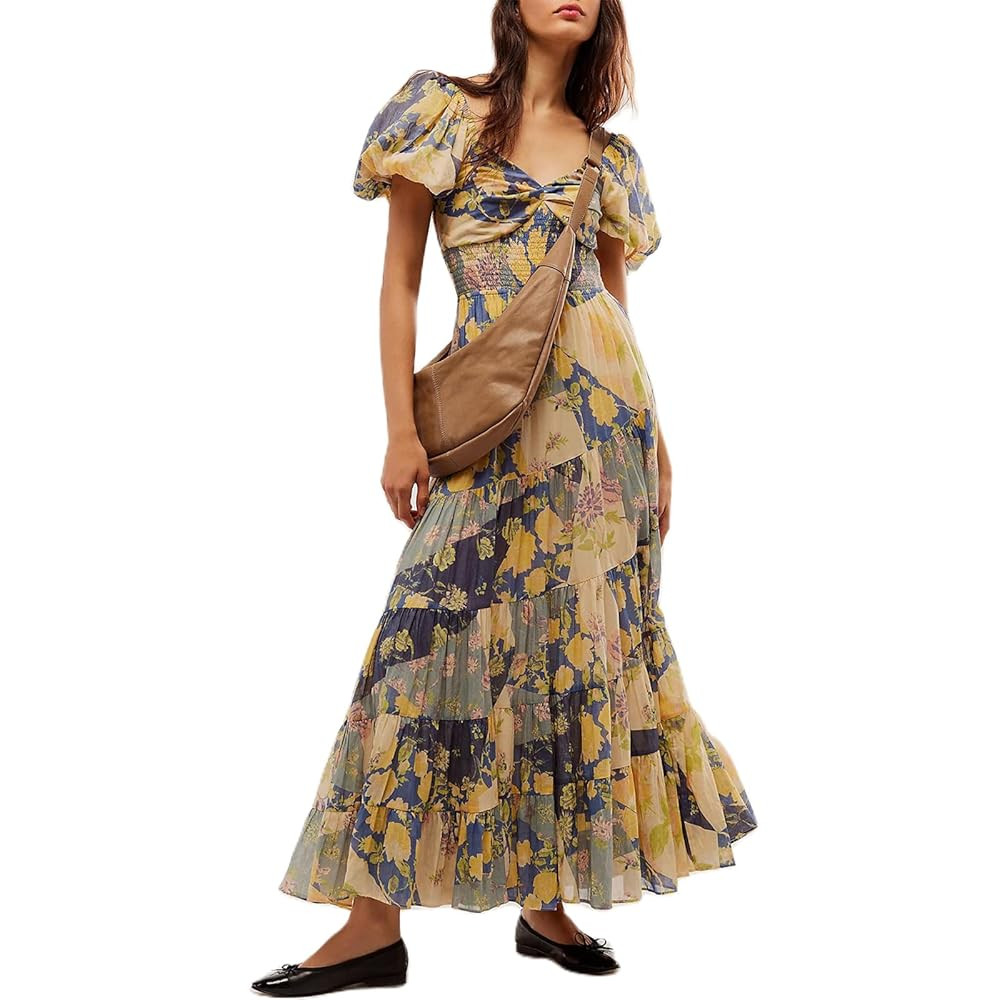 Women Spring Dresses Flowy Smocked Maxi Dress Puff Sleeve Sweetheart Y2K Floral Boho Summer Sundr... | Amazon (US)