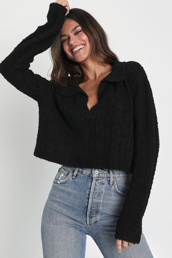 Plush Comfort Black Long Sleeve Collared Cropped Sweater Top | Lulus (US)