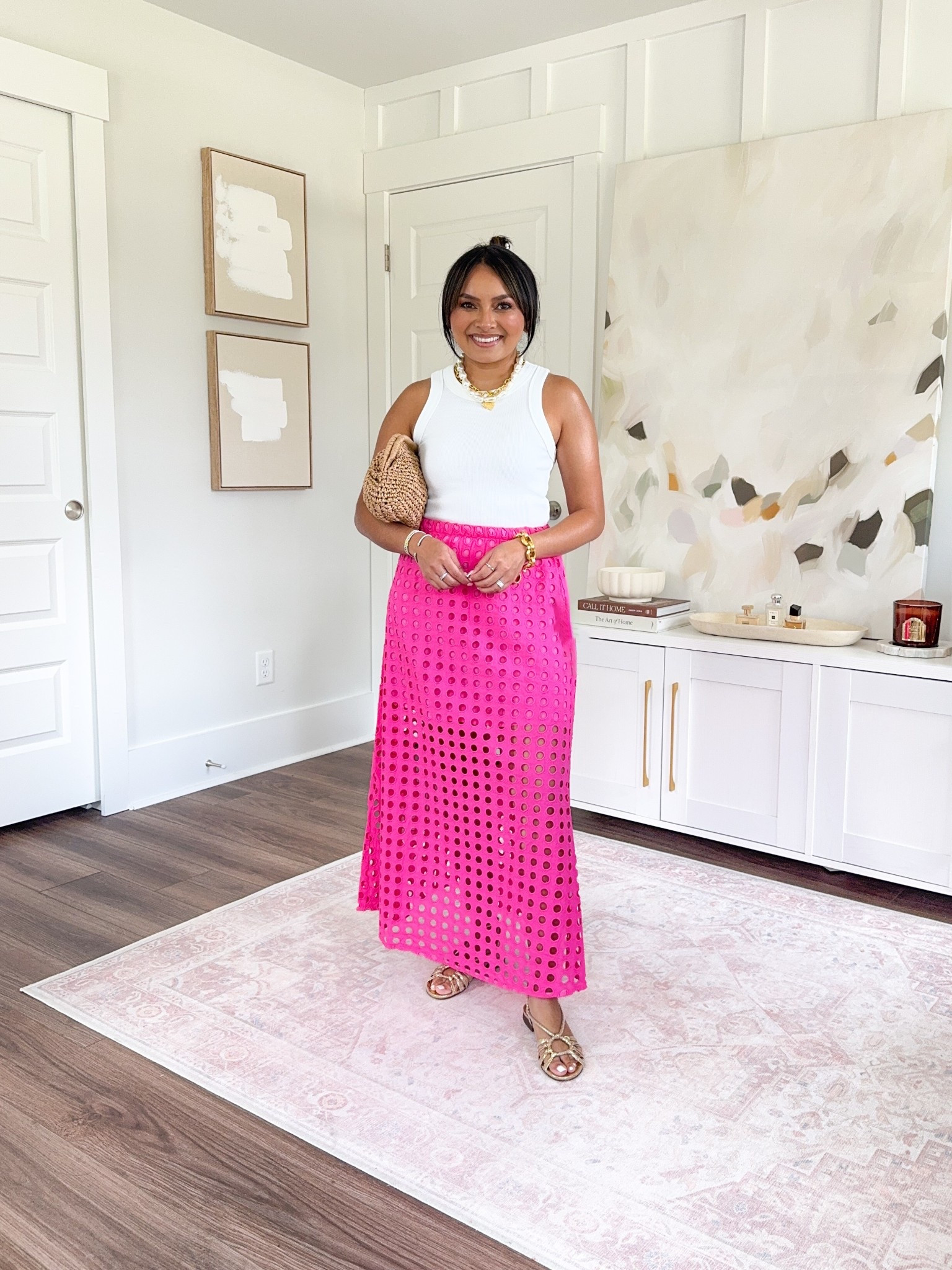 White tank size xs petite 
Pink skirt size xs TTS Red gingham
Heels size 5 TTS 

#LTKSummerEdit #LTKPetite #LTKSaleAlert