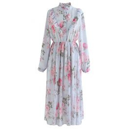 Gorgeous Peony Pleated Chiffon Midi Dress in Light Blue | Chicwish