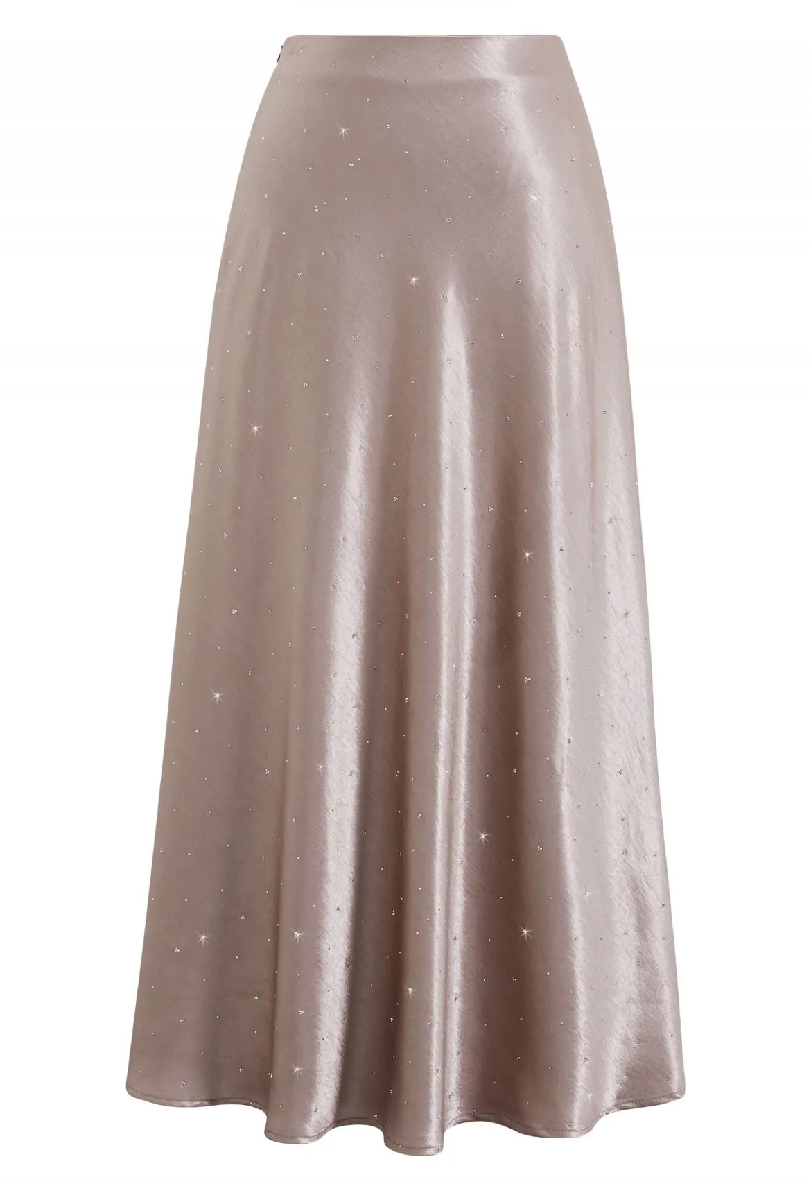 Lustrous Rhinestones Satin Maxi Skirt in Blush Champagne for Anniversary Dinners & Sunset Soirees | Chicwish