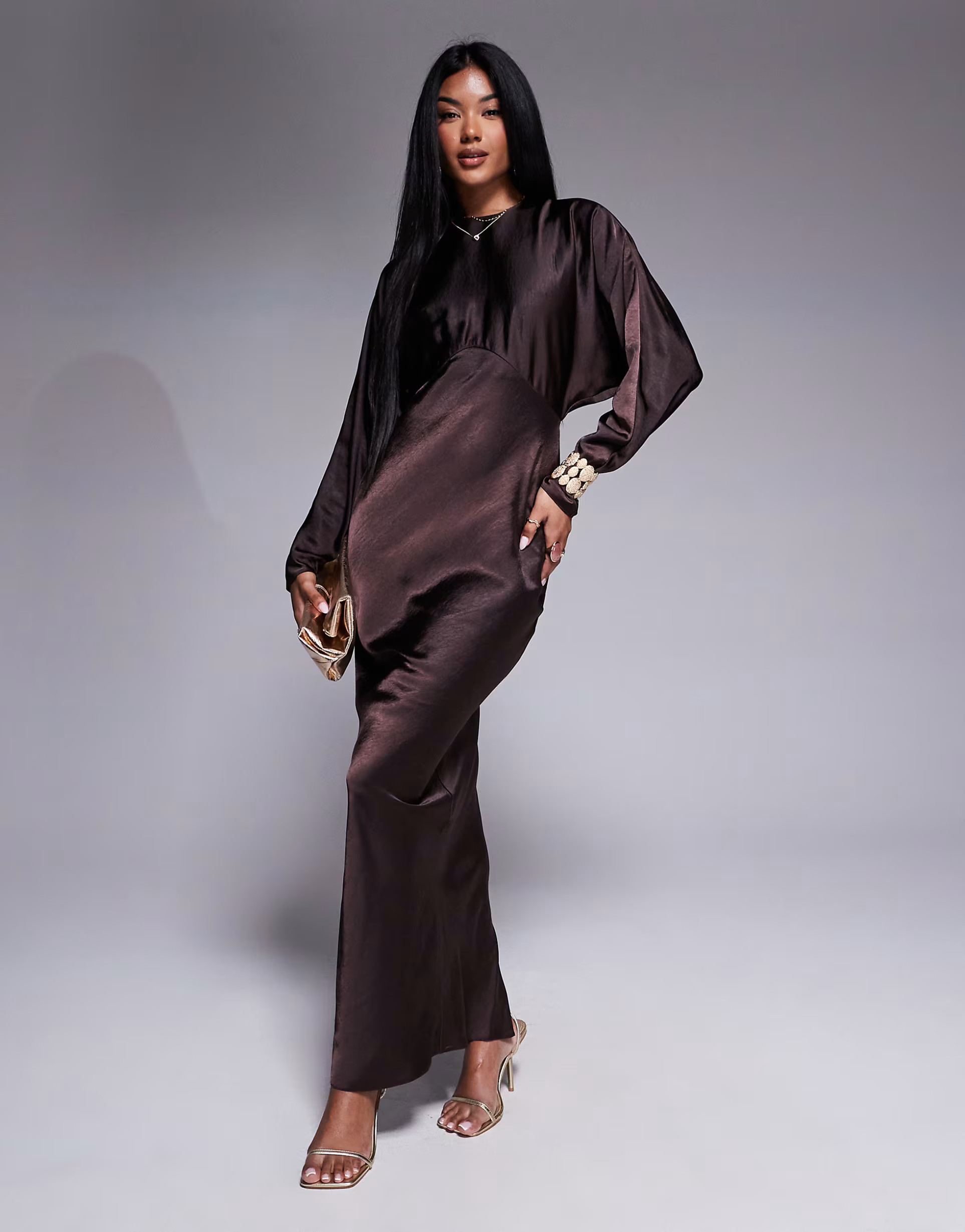 ASOS DESIGN satin batwing maxi dress in chocolate | ASOS (Global)