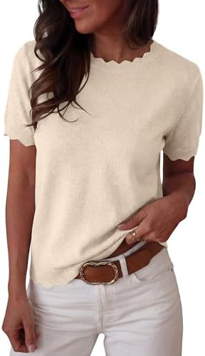 ANRABESS Womens Short Sleeve Sweater Summer Sweaters Top Dressy Scalloped Loose Business Casual V... | Amazon (US)