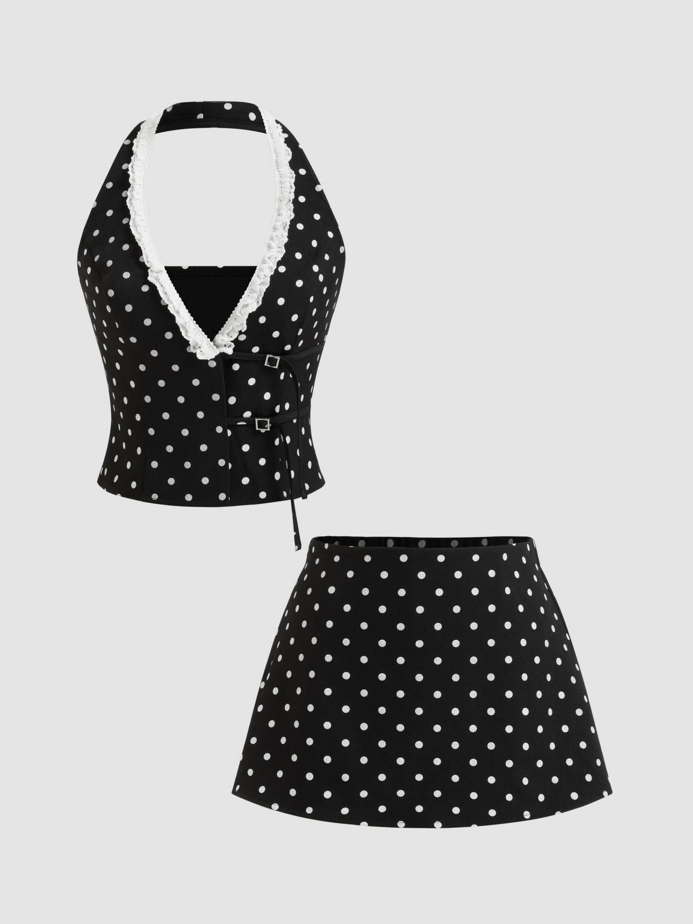 Woven Halter Neckline Lace Trim Polka Dot Tank Top & Mini Skirt Set For Daily Casual | Cider