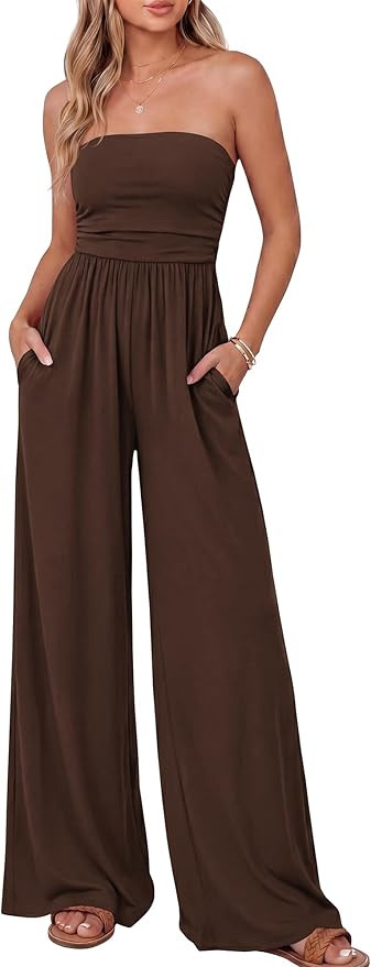 BTFBM Jumpsuits For Women Summer 2026 Beach Vacation Strapless Tube Top Jumpsuit Ruched Casual Wi... | Amazon (US)