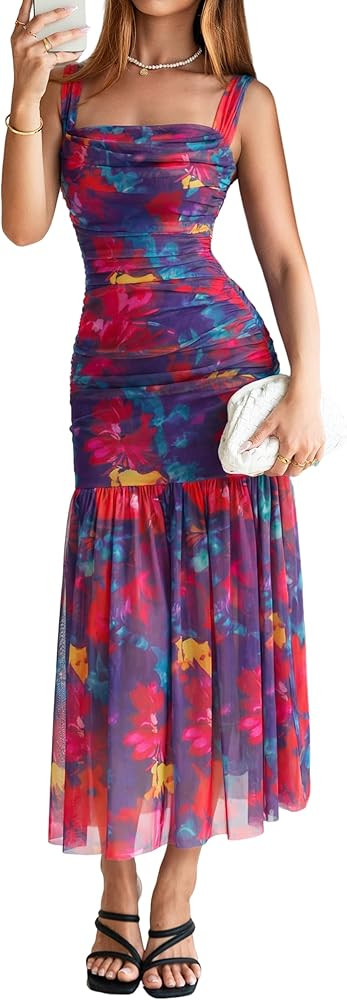 BerryGo Womens Summer Off Shoulder Maxi Dress Ruched Formal Wedding Guest Bodycon Floral Flowy Co... | Amazon (US)