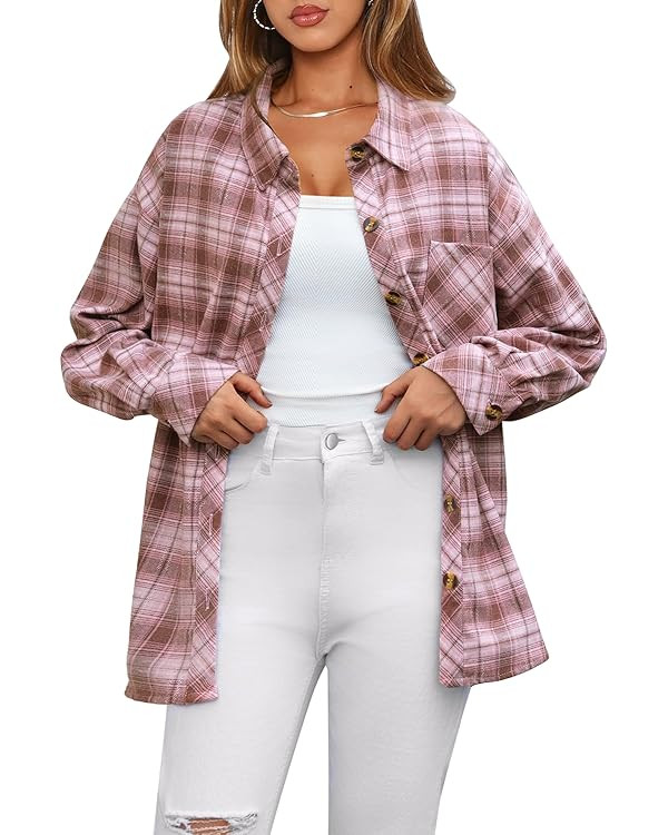 CHYRII Womens Oversized Flannel Shirts Button Down Long Sleeve Plaid Shirt Business Casual Blouse... | Amazon (US)