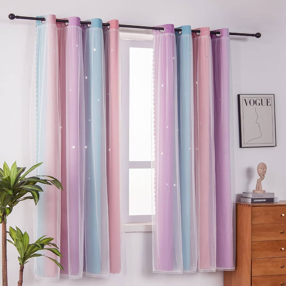 Ombre Rainbow Blackout Curtains for Kid Girls Bedroom Living Room Darking Stripe Double Layer Sta... | Amazon (US)