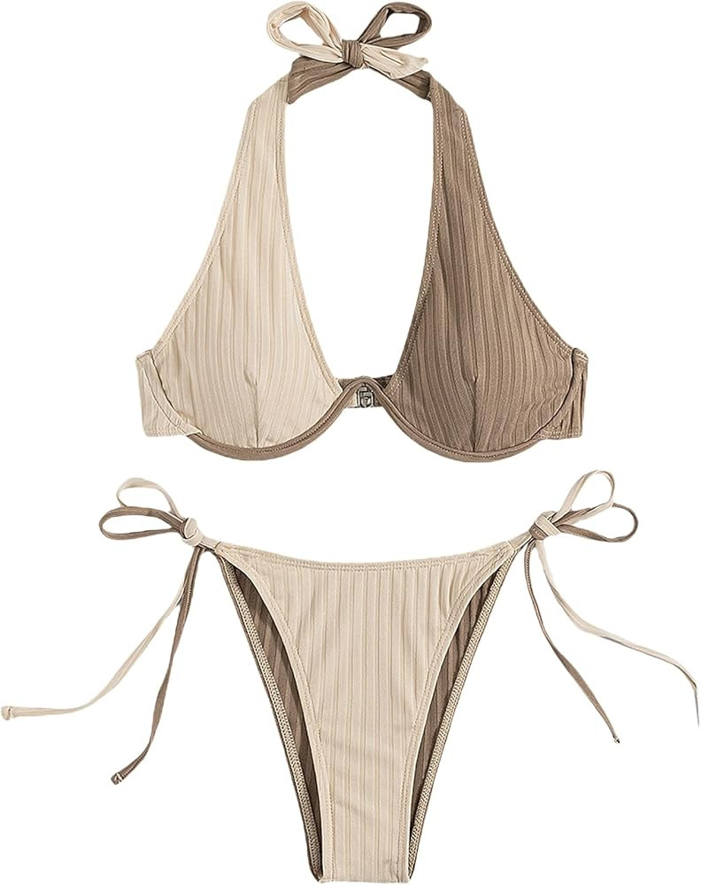 Amazon.com: SheIn Women's Colorblock Swimsuit Push Up Halter Top High Cut Tie Side Thong Bikini S... | Amazon (US)