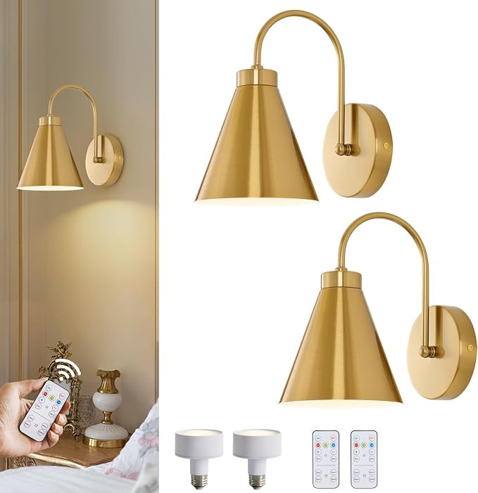 Vintage Rechargeable Wall Sconces Set of 2, Gold Battery Operated Bedside Wall Lamps with Remote ... | Amazon (US)