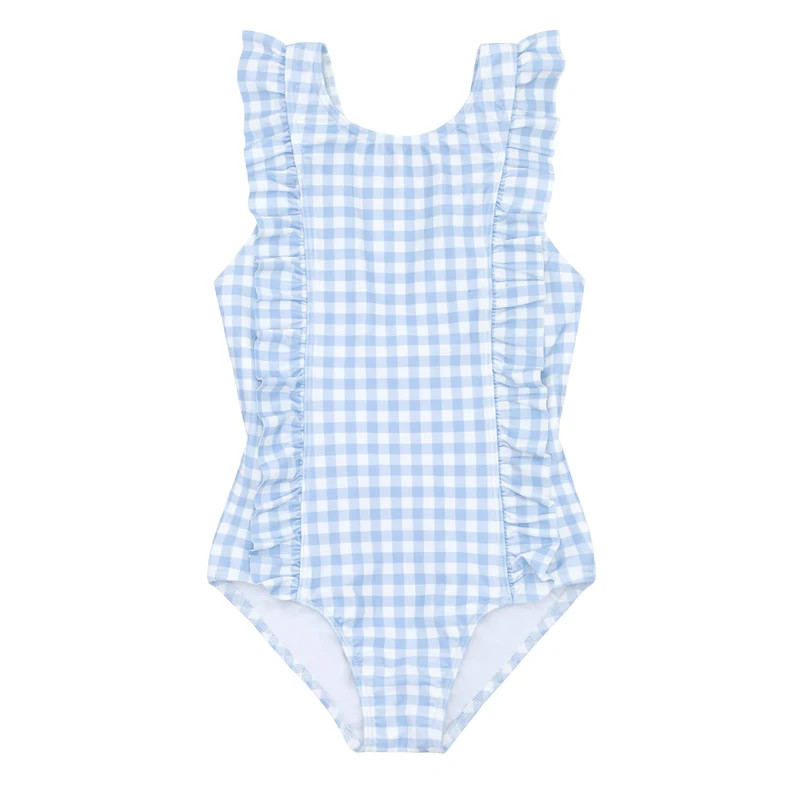 girls oasis blue gingham ruffle one piece | minnow