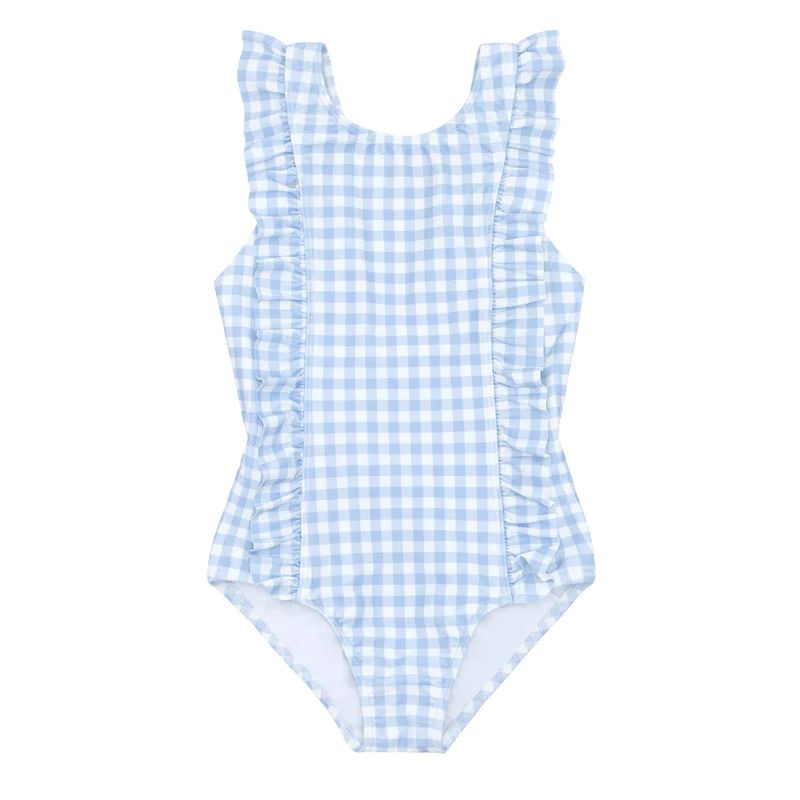 girls oasis blue gingham ruffle one piece | minnow