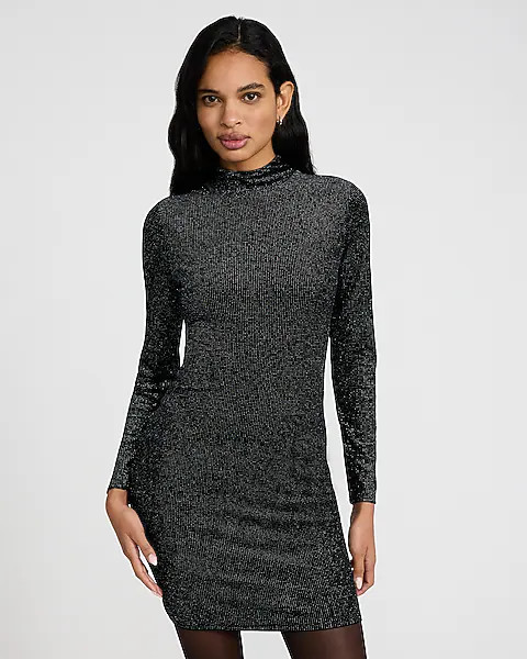 Shine Velvet Mock Neck Long Sleeve Mini Dress | Express