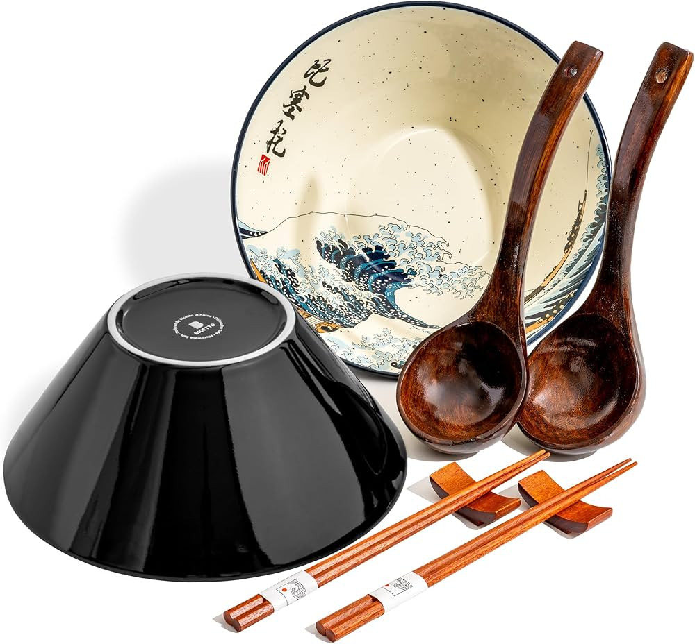Japanese Ramen Bowl Set with Great Wave Design - 60oz Large Ceramic Bowls, Spoons, Chopsticks for... | Amazon (US)