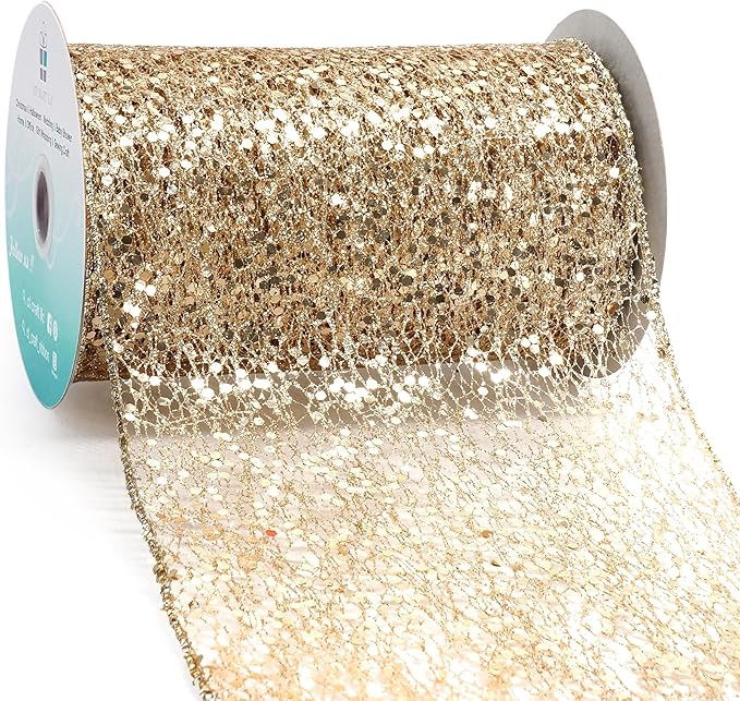 CT CRAFT LLC Sparkling Glitter Mesh Wired Ribbon 6" x 10 Yards Champagne Gold for Christmas Home ... | Amazon (US)