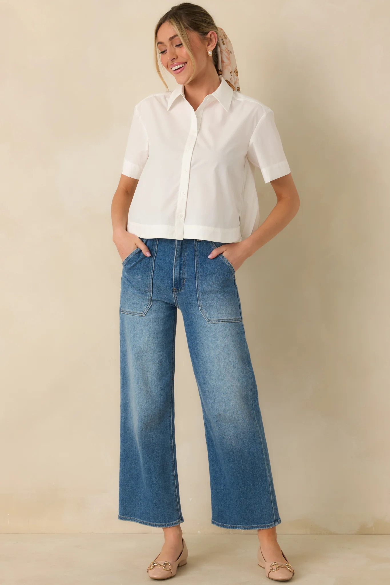 Duly Noted White Pleated Back Button-Up Blouse - S / White | Red Dress