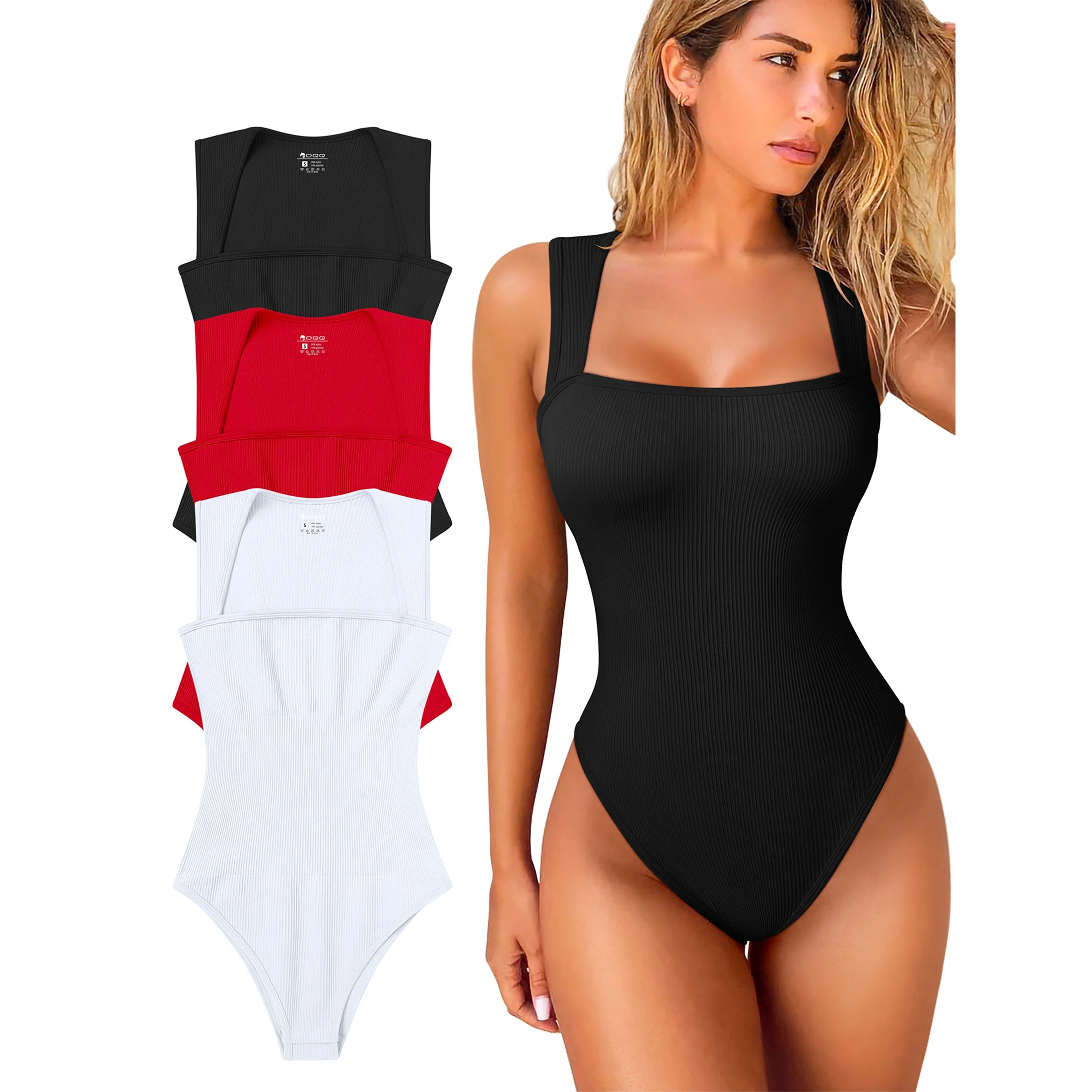 OQQ Women's 3 Piece Bodysuits For Women Sexy Ribbed Strappy Square Neck Stretch Tank Tops Bodysui... | Walmart (US)