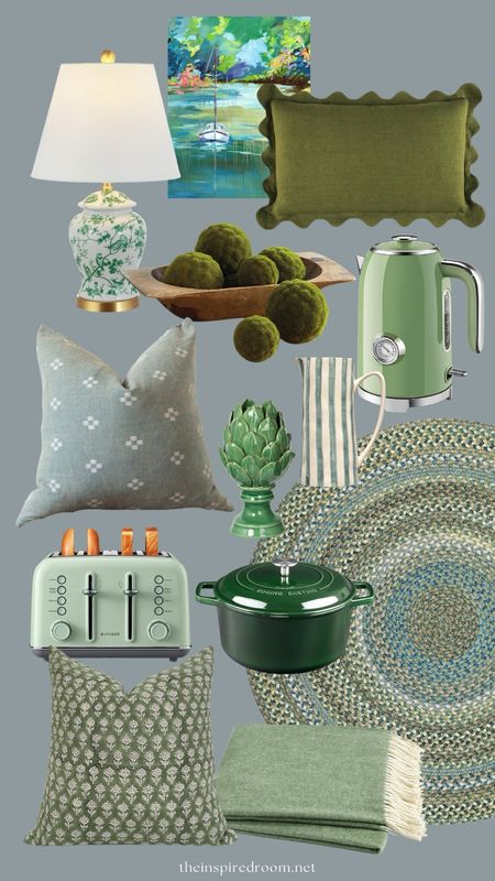 Green home decor - round braided rug, electric kettle, etsy pillows, lamp, cast iron pot, scallop pillow etc 

#LTKstyletip #LTKsalealert #LTKhome