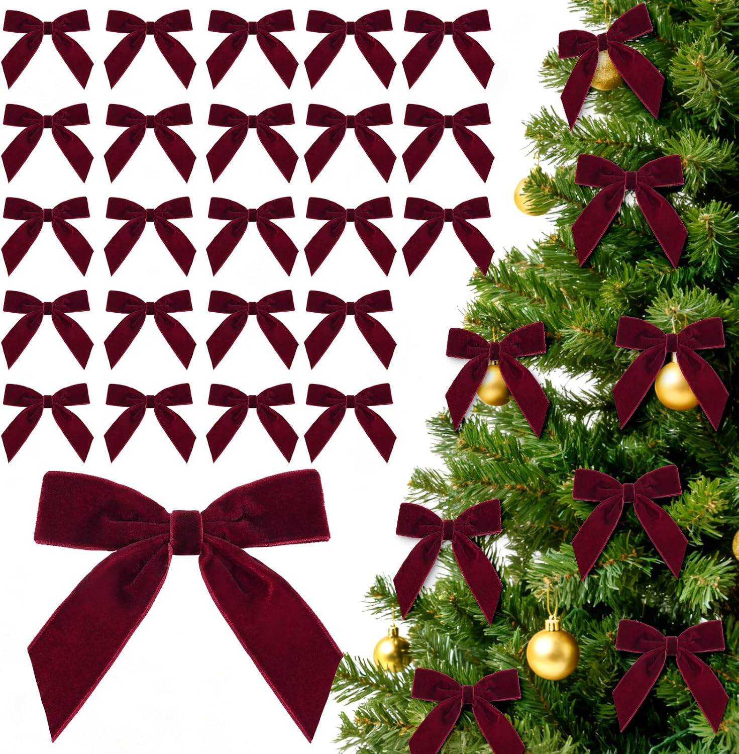 24Pcs Burgundy Bows for Christmas Tree - 3.5'' Burgundy Velvet Bows | Amazon (US)
