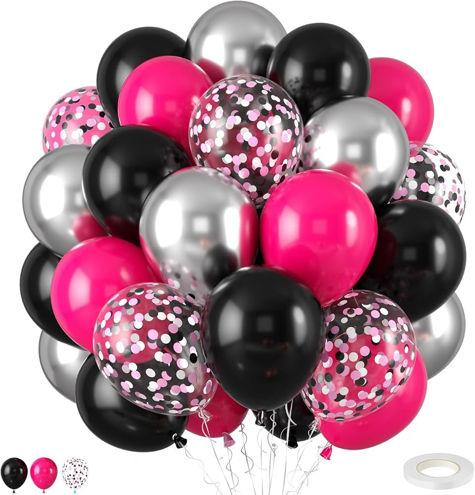 Hot Pink and Black Balloons,50PCS 12 Inch Black Pink and Silver Confetti Balloons with Ribbon,for... | Amazon (US)