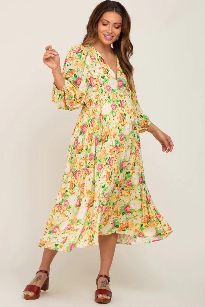 Yellow Floral 3/4 Sleeve Maternity Midi Dress | PinkBlush Maternity