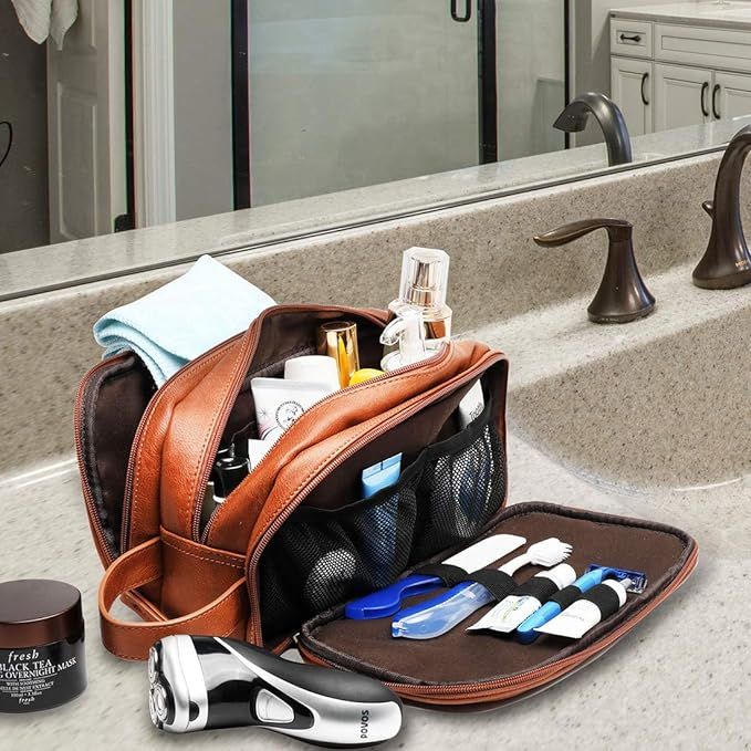 Leather Toiletry Bag for Men,Large Capacity Waterproof Travel Dopp Kit with Sturdy Handle,Travel ... | Amazon (US)