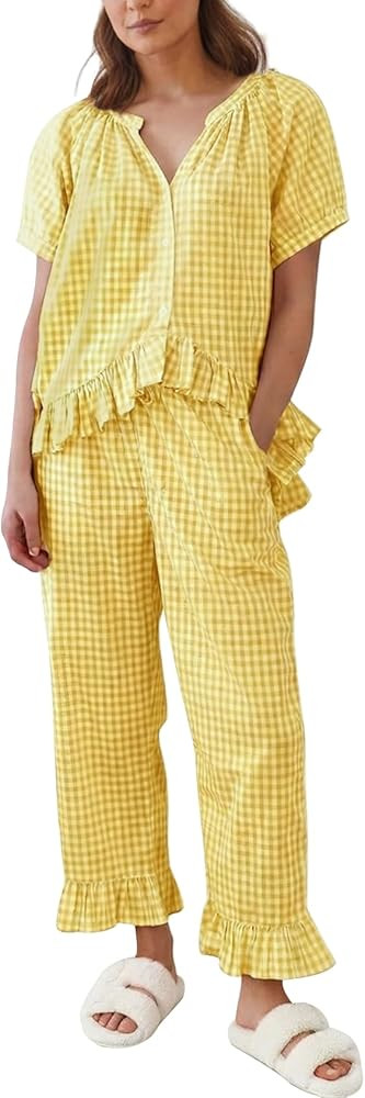 Gihuo Gingham Pajama Set for Women 2 Piece Plaid Cotton Button Down Top and Pants Ruffle Babydoll... | Amazon (US)