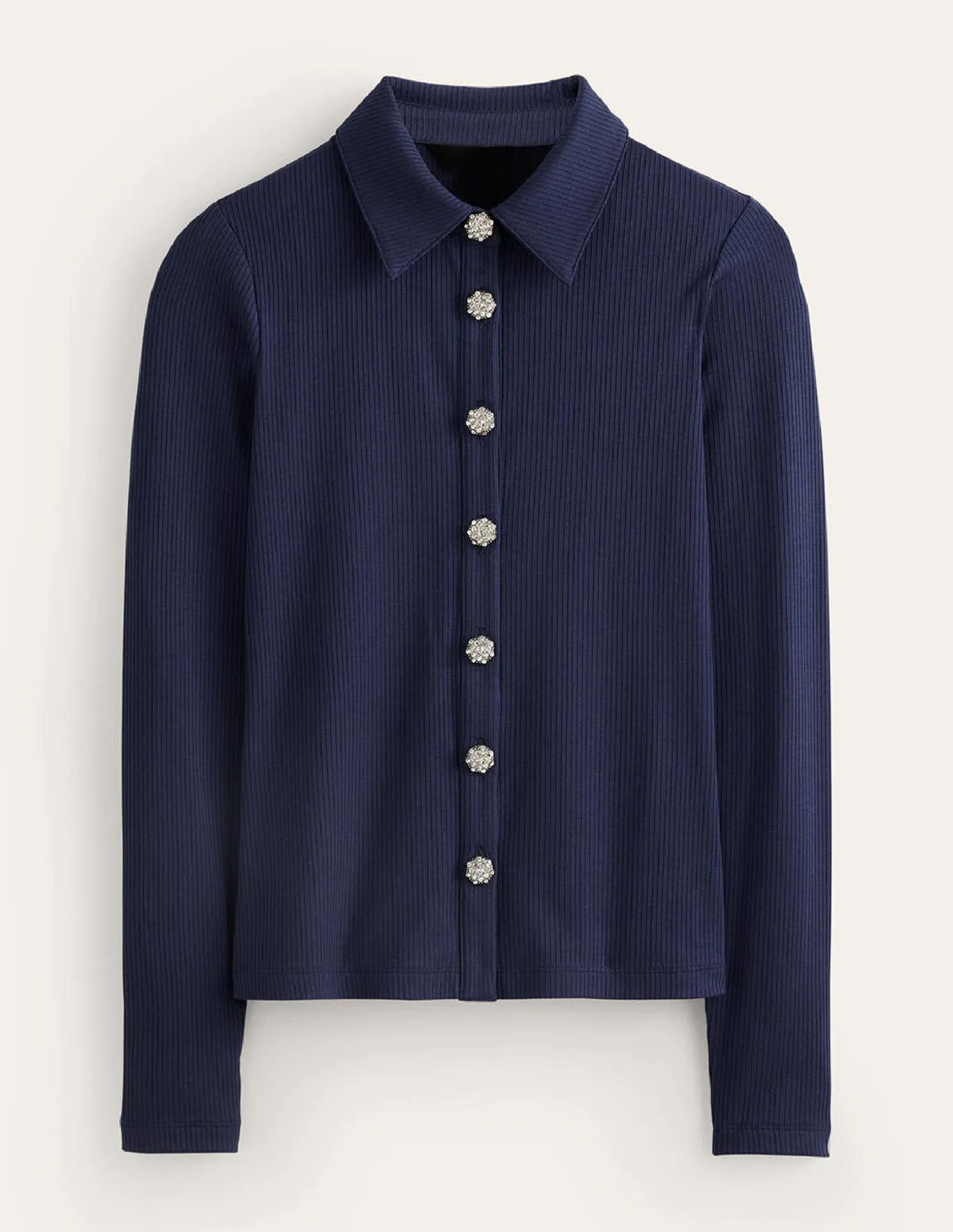 Jewelled-Button Ribbed Shirt - French Navy | Boden (UK & IE)