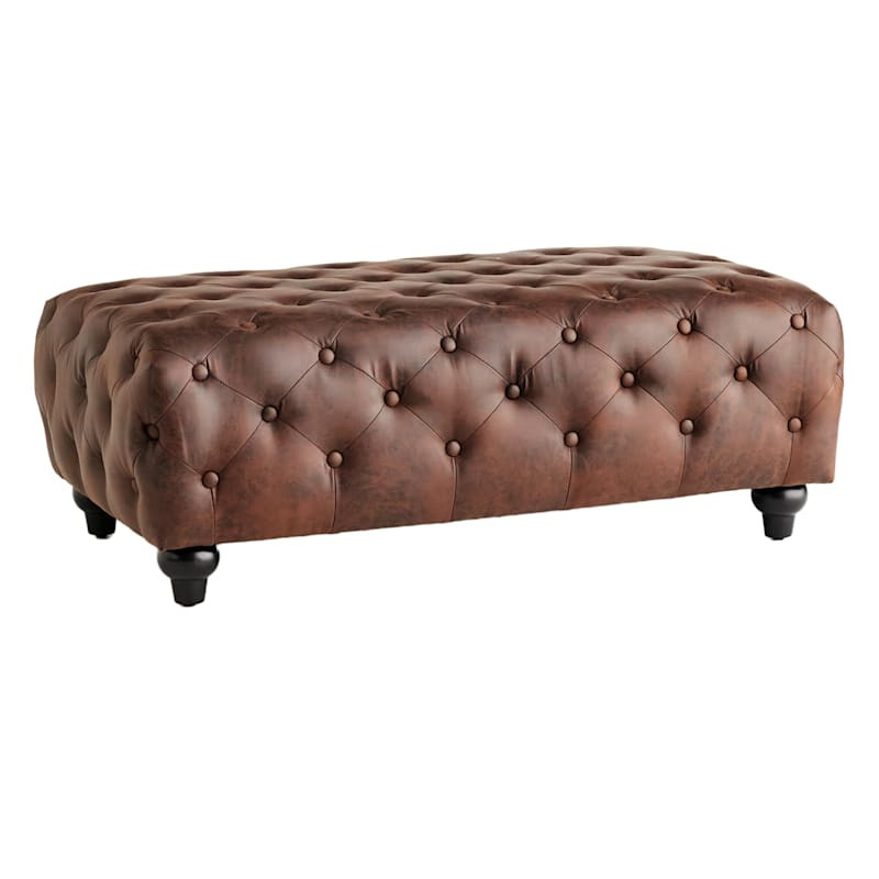 Chesterfield Tufted Brown Faux Leather Ottoman | At Home