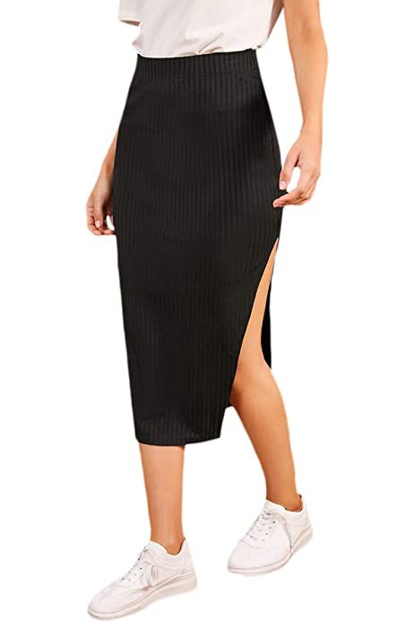 Amazon.com: LYANER Women's High Waist Stretchy Rib Knit Split Slit Hem Midi Pencil Skirt Black Small | Amazon (US)