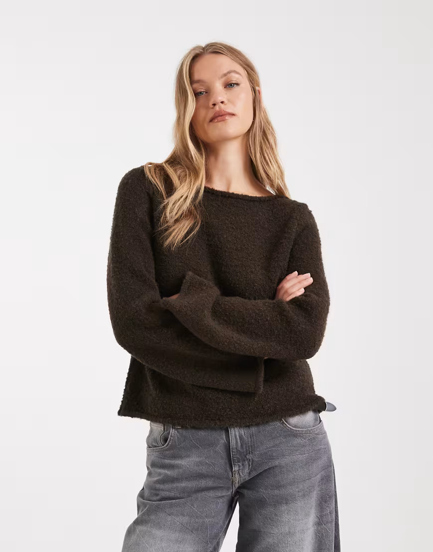 ASOS DESIGN boucle slash neck top in chocolate-White | ASOS (Global)