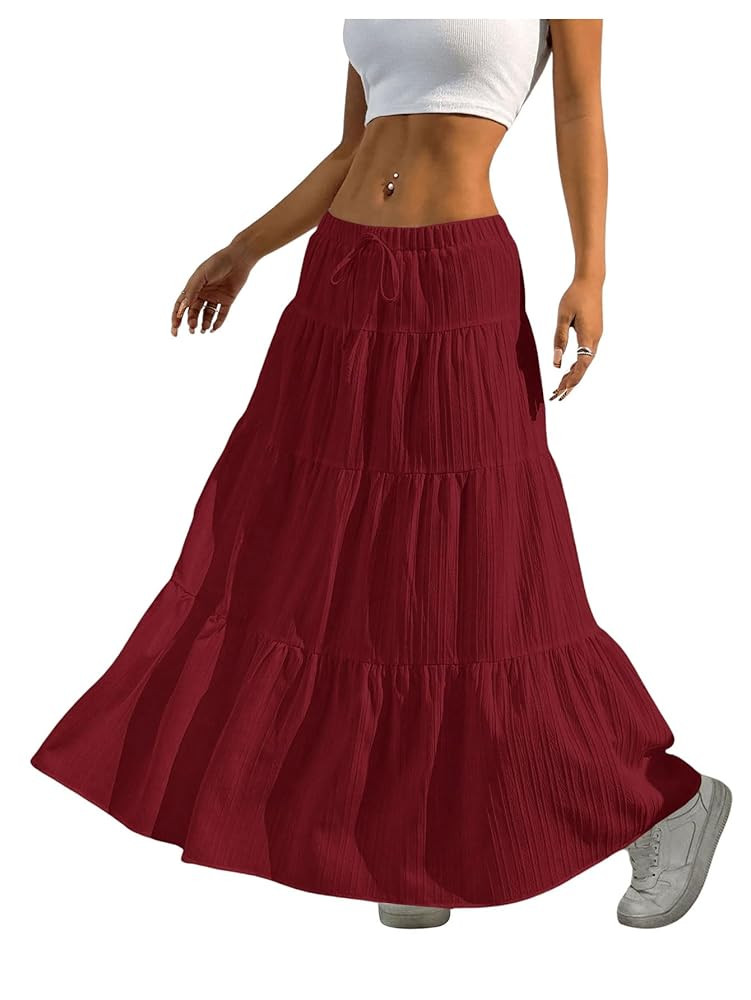 Women's Flowy Flared Ruffle Hem A Line Maxi Skirts Elastic Waist Elegant Tiered Layer Boho Long S... | Amazon (US)