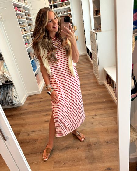 In a medium red white stripe t shirt maxi, American flag sweater, sandals and accessories for patriotic outfit - all fits TTS.

#LTKSeasonal #LTKFindsUnder50 #LTKStyleTip