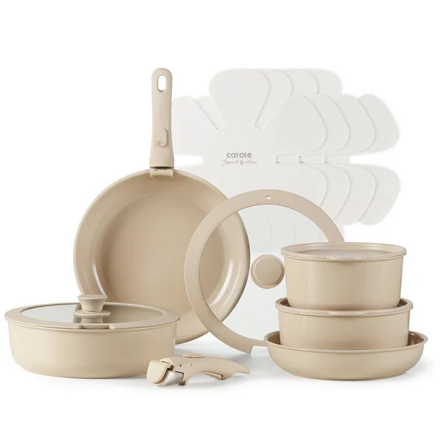 Carote Ceramic Cookware Sets, 15 Pcs Non Stick Pots and Pans Set with Removable Handle, Taupe | Walmart (US)