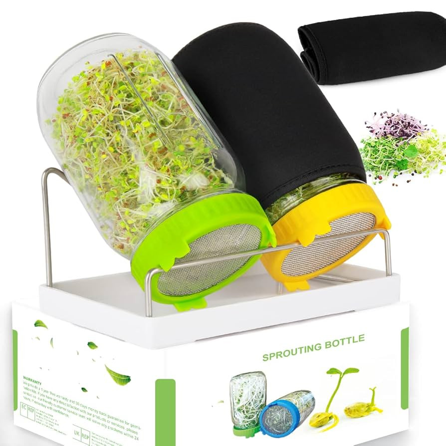 Seed Sprouting Kit, 2 Large Wide Mouth Mason Jars with Sprout Lids, Blackout Sleeves, Drain Tray,... | Amazon (US)