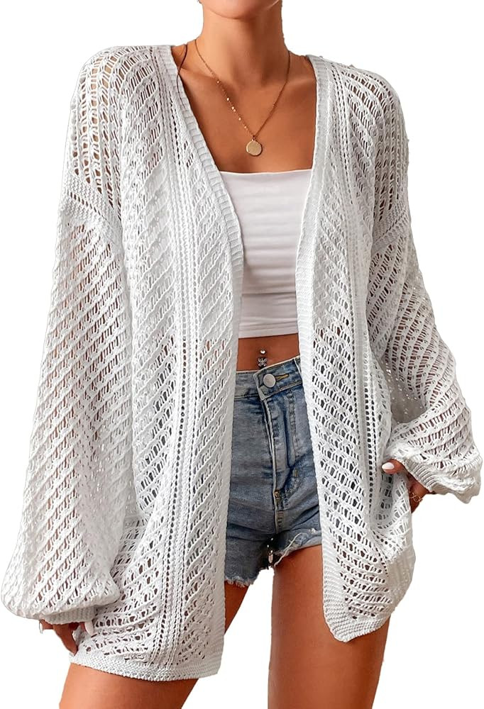 Verdusa Women's Hollow Out Drop Shoulder Open Front Knitted Cardigan Sweater Kimono | Amazon (US)